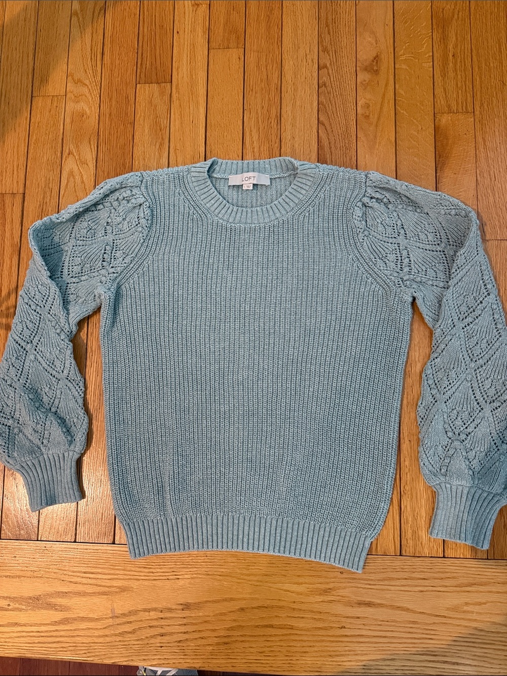 LOFT Light Blue Crewneck Sweater with Textured Balloon Sleeves